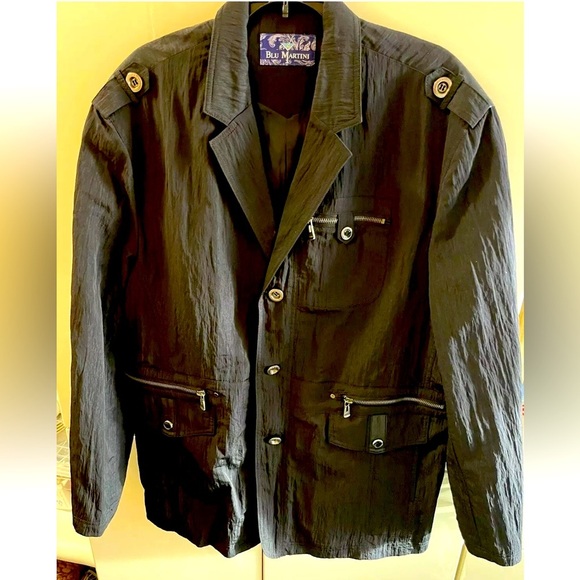 Blu Martini Blazer Jacket Mens Sz 44R /34R US Black Poly Nylon Pockets - Picture 1 of 9